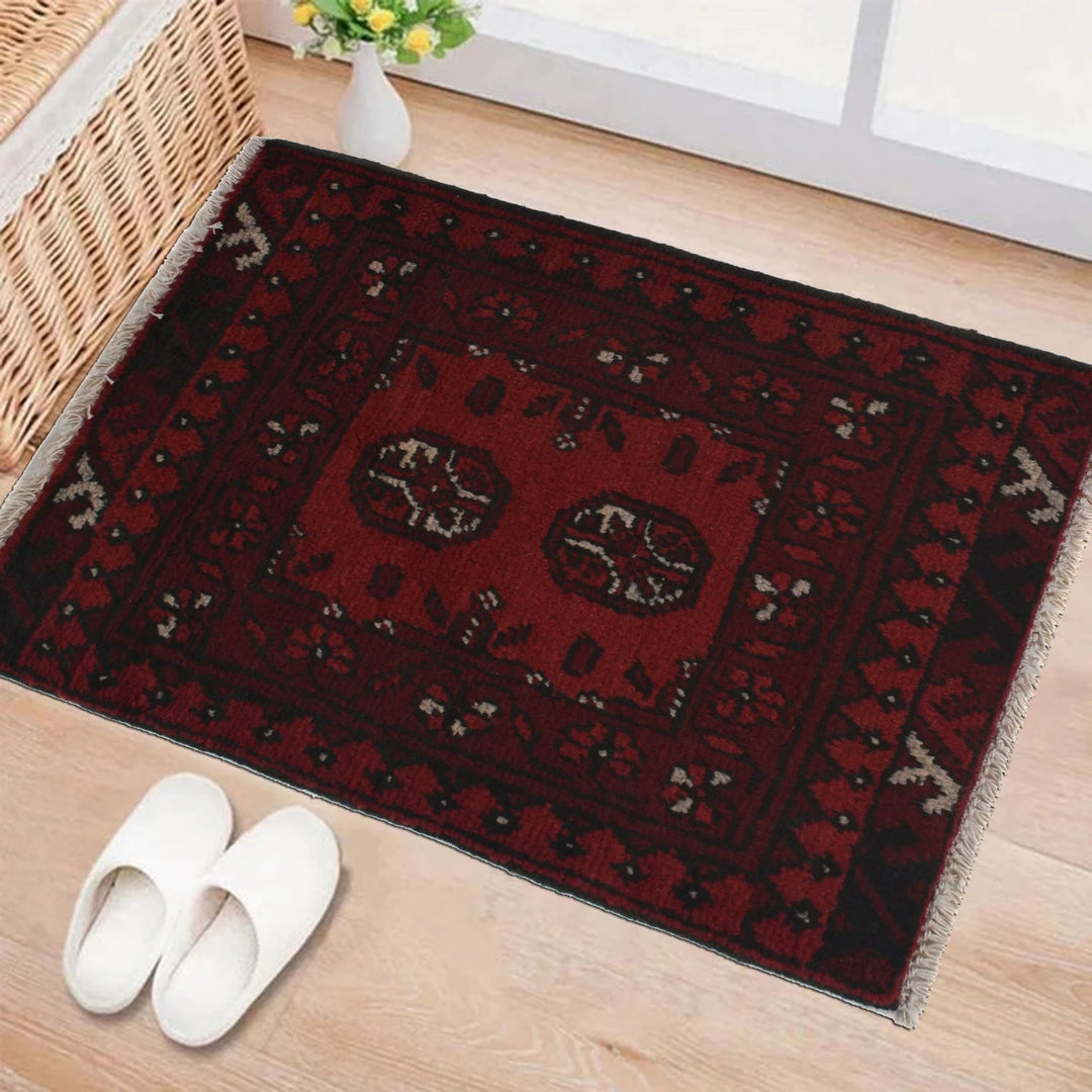Red Afghan Oriental Doormat 1' 7" x 2' 1" Hand-Knotted | No. AL93656