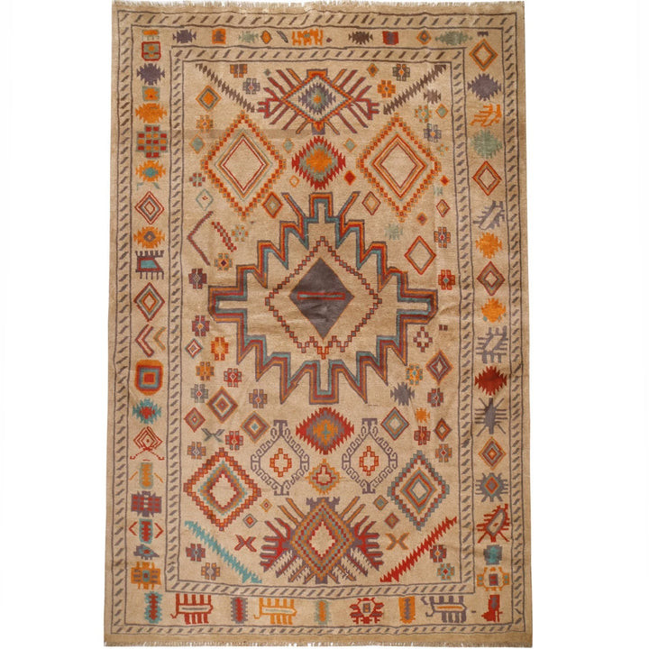 Beige Afghan Oushak Rug 6' 8" x 9' 9" Hand-Knotted | No. AL93734