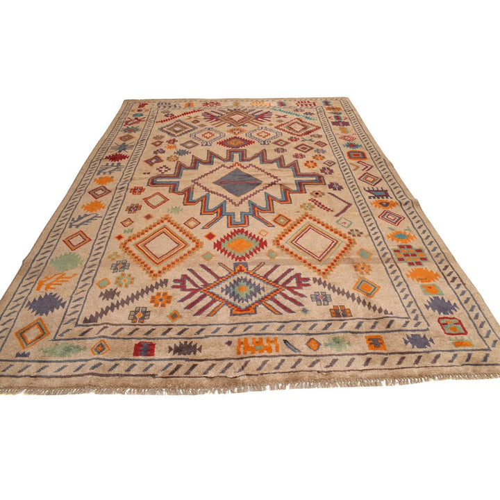 Beige Afghan Oushak Rug 6' 8" x 9' 9" Hand-Knotted | No. AL93734