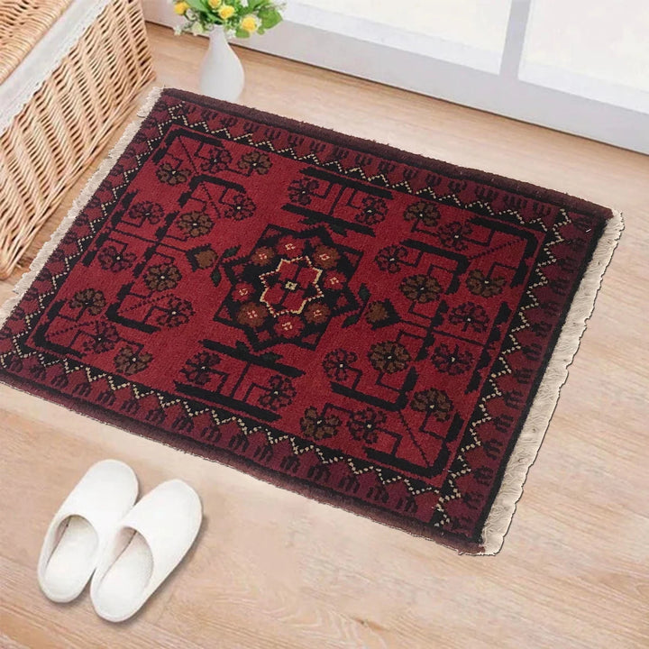 Red Afghan Oriental Doormat 1' 4" x 2' 0" Hand-Knotted | No. AL93763