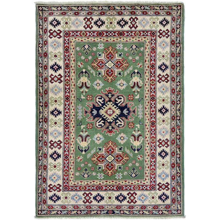 Green Afghan Kazak Rug 3' 3" x 5' 0" Hand-Knotted | No. AL93793