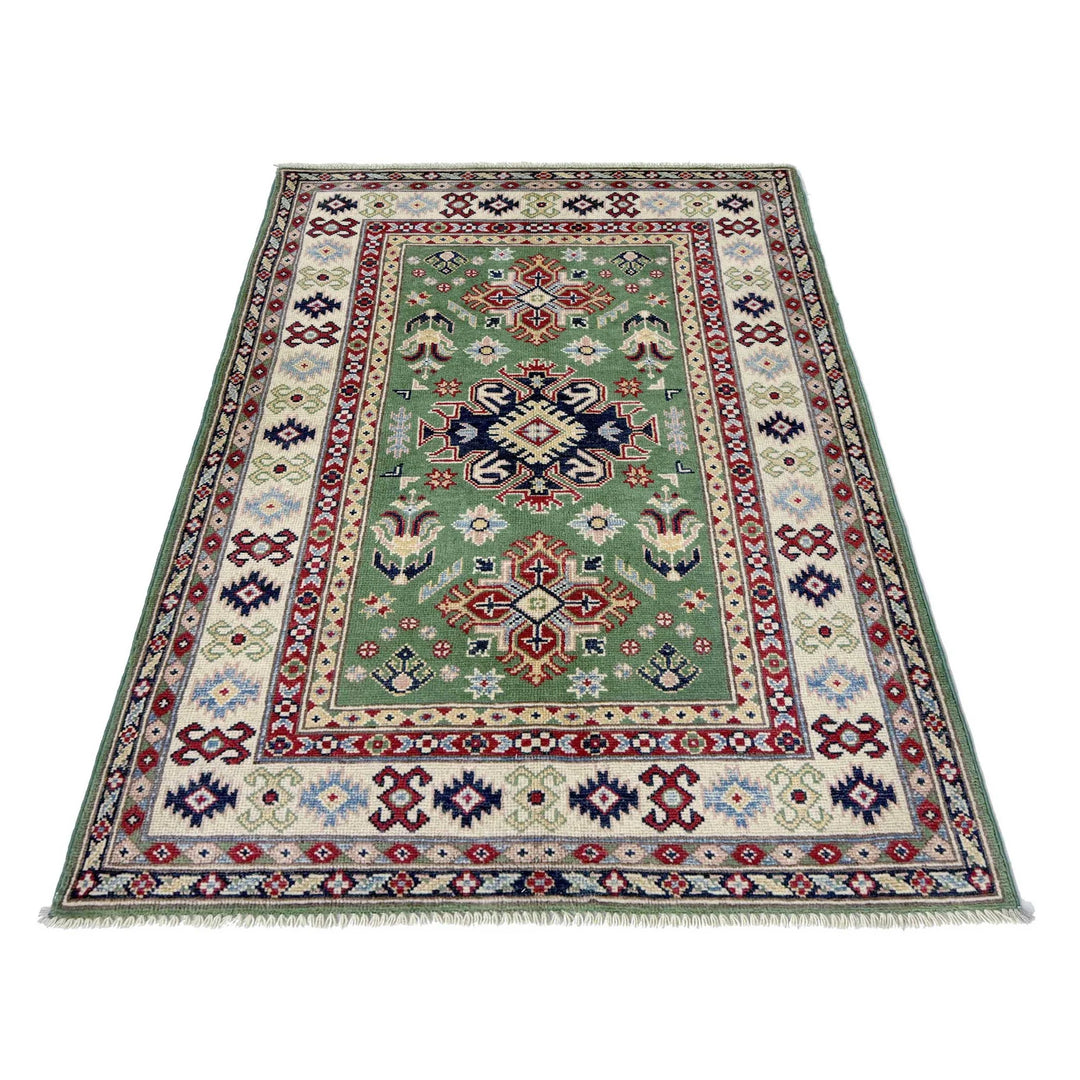 Green Afghan Kazak Rug 3' 3" x 5' 0" Hand-Knotted | No. AL93793