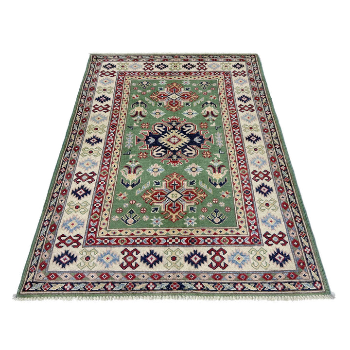 Green Afghan Kazak Rug 3' 3" x 5' 0" Hand-Knotted | No. AL93793