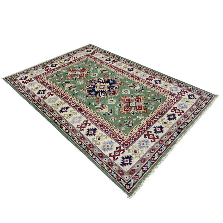 Green Afghan Kazak Rug 3' 3" x 5' 0" Hand-Knotted | No. AL93793