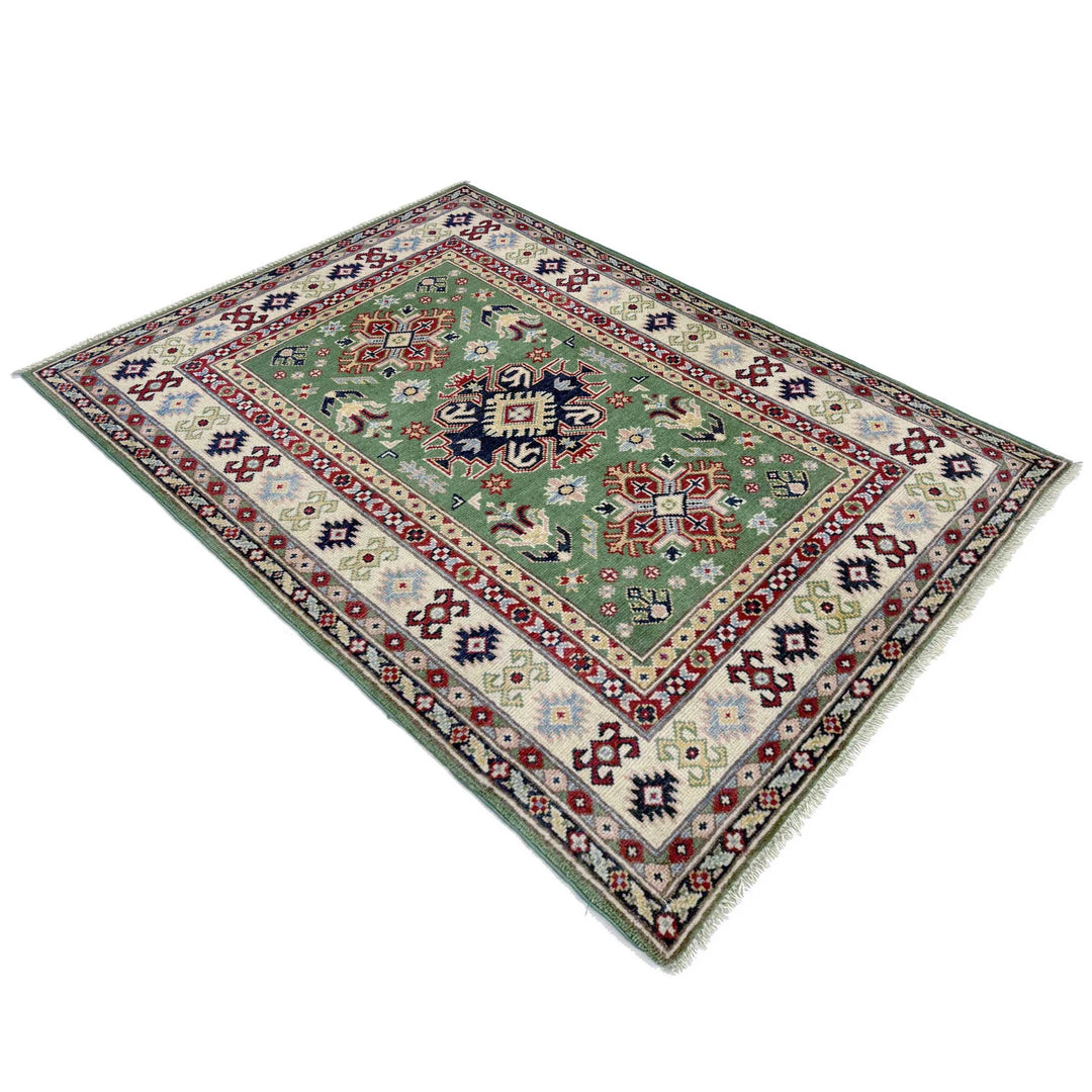 Green Afghan Kazak Rug 3' 3" x 5' 0" Hand-Knotted | No. AL93793