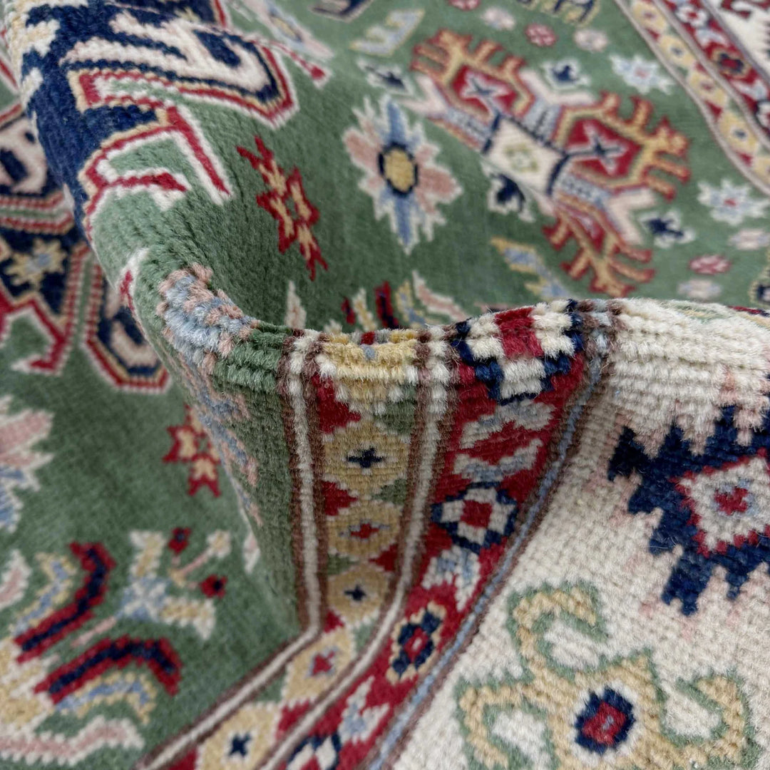 Green Afghan Kazak Rug 3' 3" x 5' 0" Hand-Knotted | No. AL93793