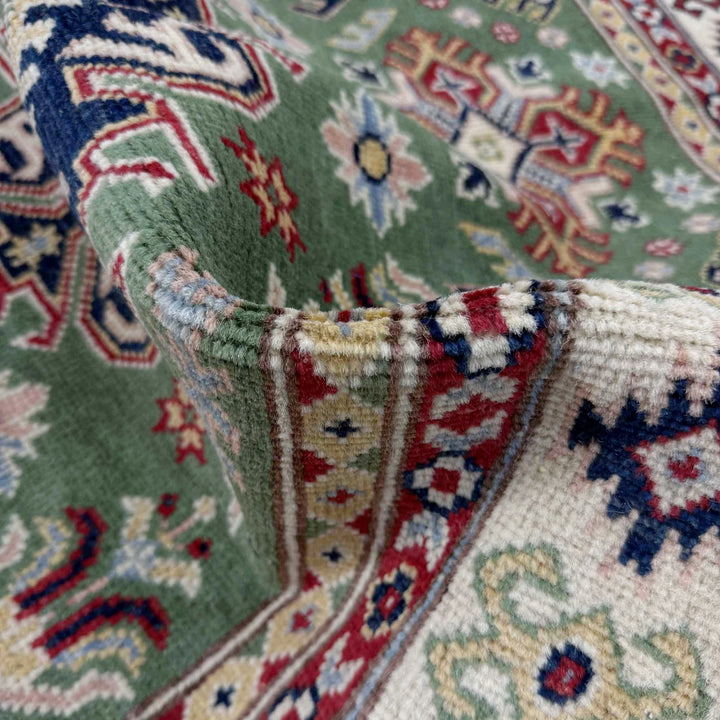 Green Afghan Kazak Rug 3' 3" x 5' 0" Hand-Knotted | No. AL93793
