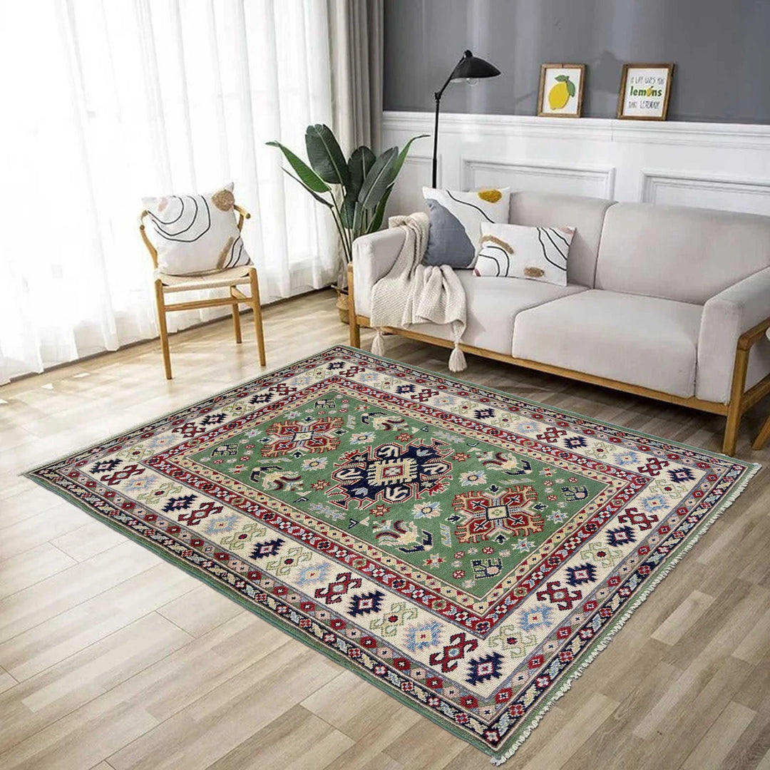 Green Afghan Kazak Rug 3' 3" x 5' 0" Hand-Knotted | No. AL93793