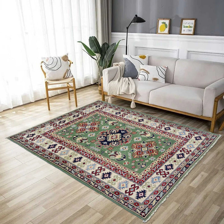 Green Afghan Kazak Rug 3' 3" x 5' 0" Hand-Knotted | No. AL93793