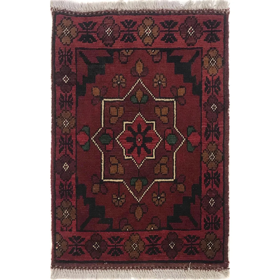 Red Afghan Doormat Rug 1' 4" x 1' 11" Hand-Knotted | No. AL94440
