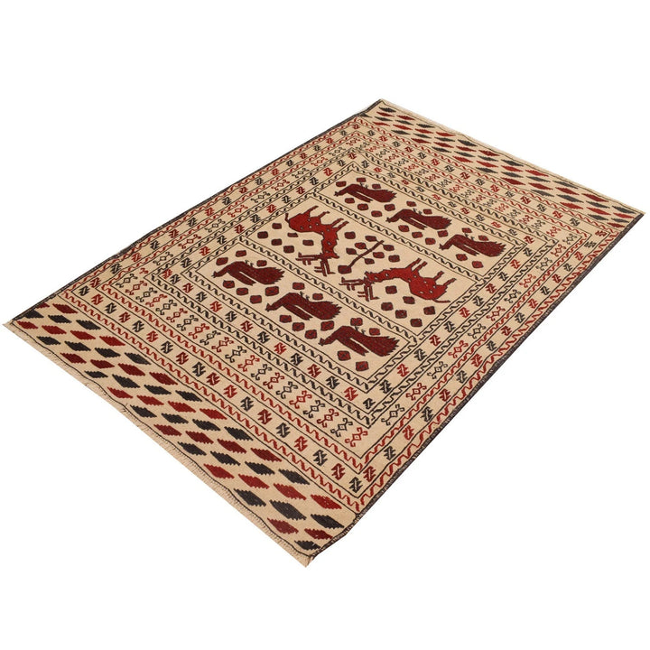 Beige Afghan Soumak Kilim Rug 4' 1" x 5' 8" Flat-Weave | No. AL94663