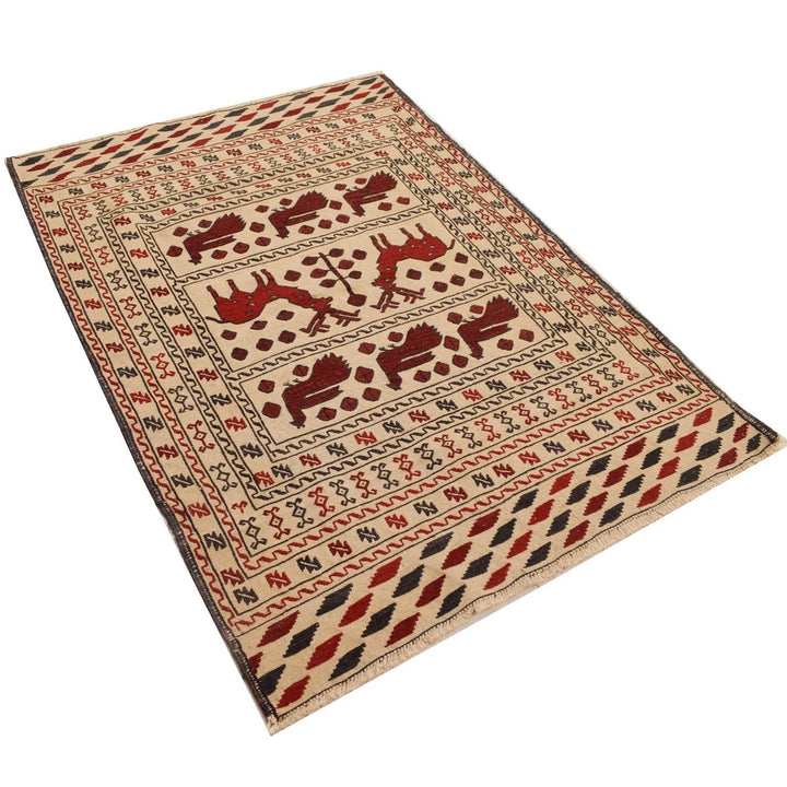 Beige Afghan Soumak Kilim Rug 4' 1" x 5' 8" Flat-Weave | No. AL94663