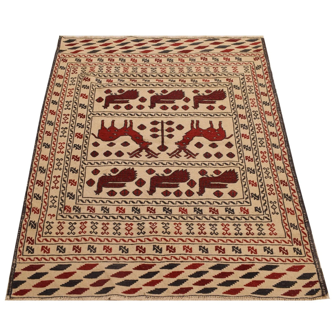 Beige Afghan Soumak Kilim Rug 4' 1" x 5' 8" Flat-Weave | No. AL94663