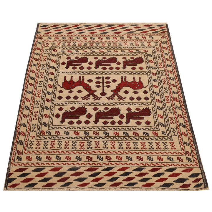 Beige Afghan Soumak Kilim Rug 4' 1" x 5' 8" Flat-Weave | No. AL94663