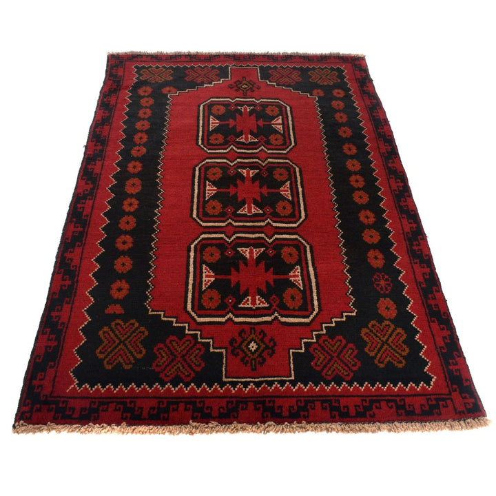 Red Afghan Baluchi Rug 3' 8" x 6' 2" Hand-Knotted | No. AL94910