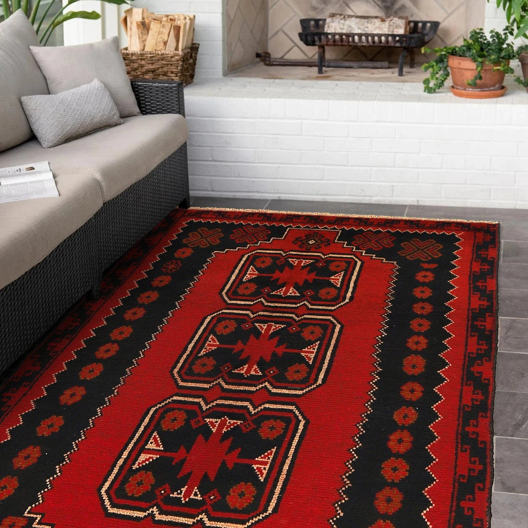 Red Afghan Baluchi Rug 3' 8" x 6' 2" Hand-Knotted | No. AL94910
