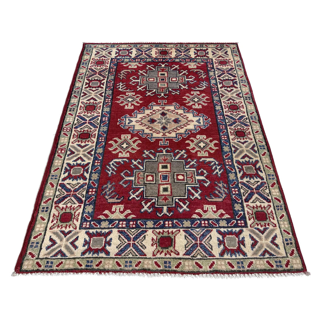 Red Afghan Kazak Rug 2' 9" x 4' 2" Hand-Knotted | No. AL94979