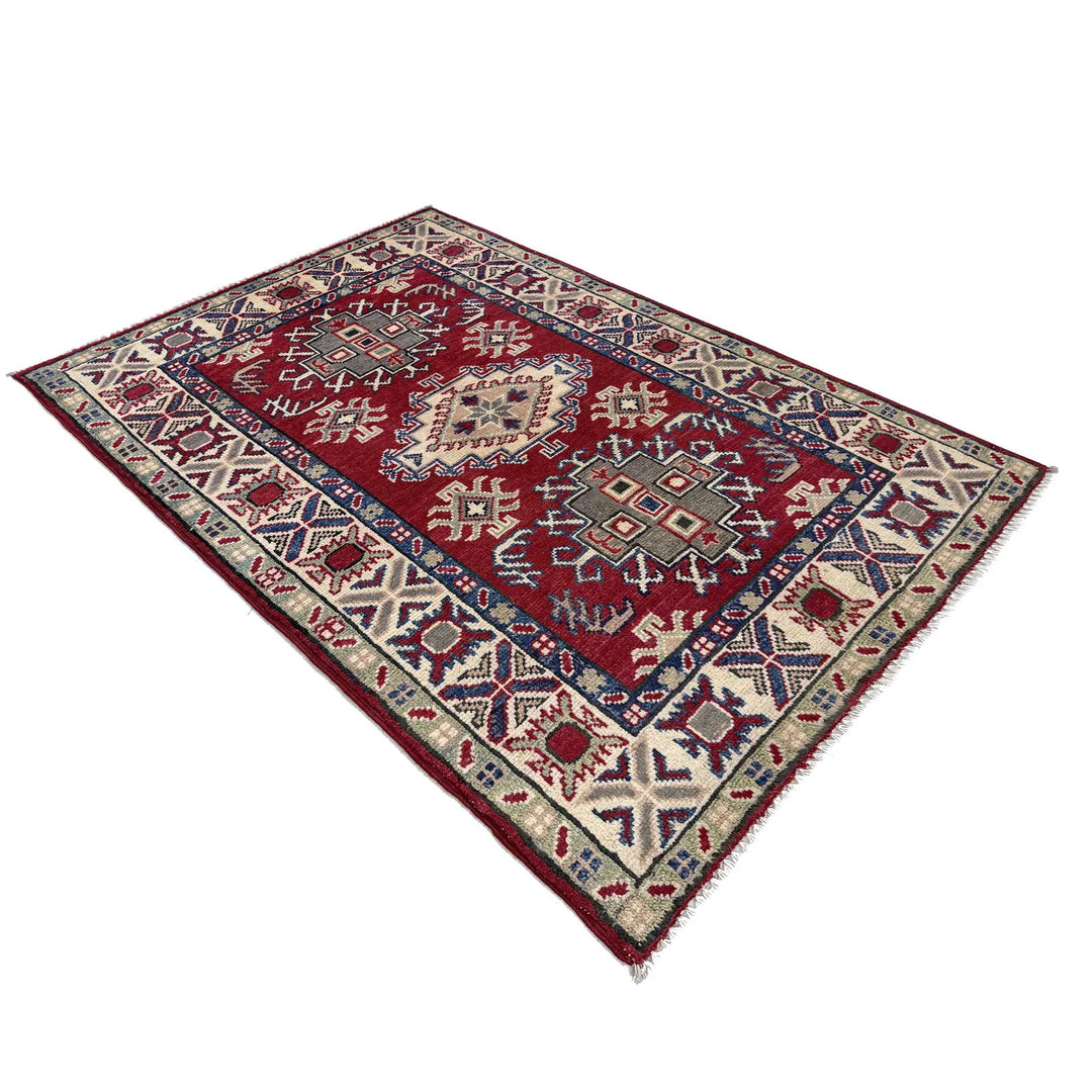Red Afghan Kazak Rug 2' 9" x 4' 2" Hand-Knotted | No. AL94979