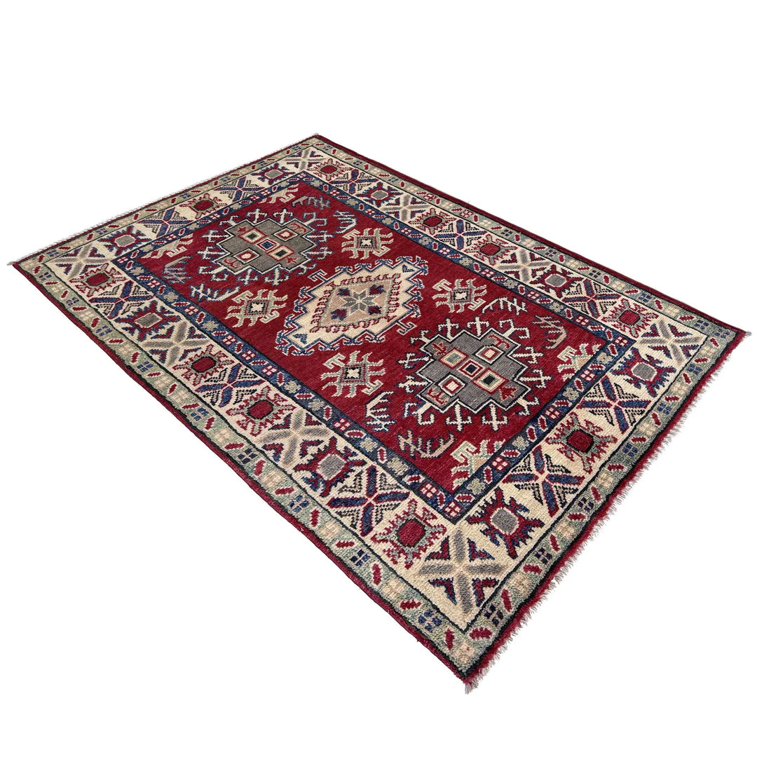 Red Afghan Kazak Rug 2' 9" x 4' 2" Hand-Knotted | No. AL94979