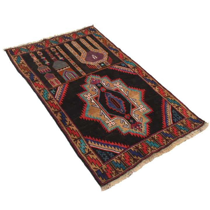 Black Afghan Prayer Rug 3' 0" x 4' 9" Hand-Knotted | No. AL95152
