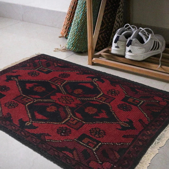 Red Afghan Oriental Doormat 1' 3" x 1' 10" Hand-Knotted | No. AL95186