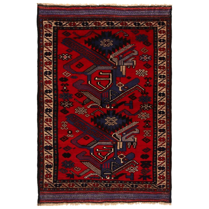 Red Afghan Baluchi Rug 3' 2" x 4' 9" Hand-Knotted | No. AL95205