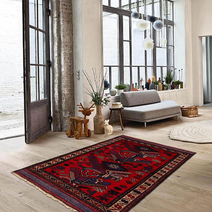 Red Afghan Baluchi Rug 3' 2" x 4' 9" Hand-Knotted | No. AL95205