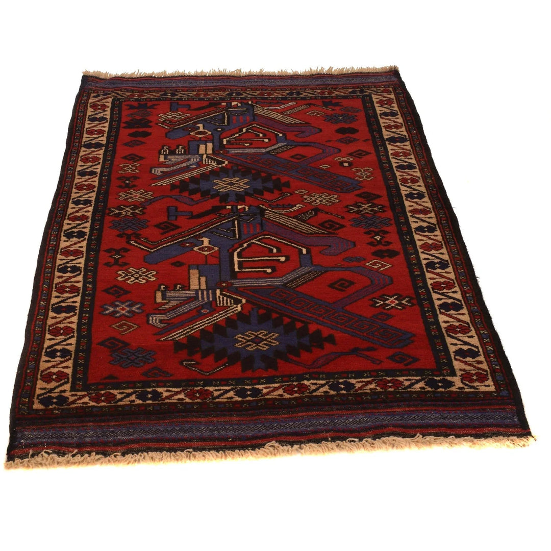 Red Afghan Baluchi Rug 3' 2" x 4' 9" Hand-Knotted | No. AL95205
