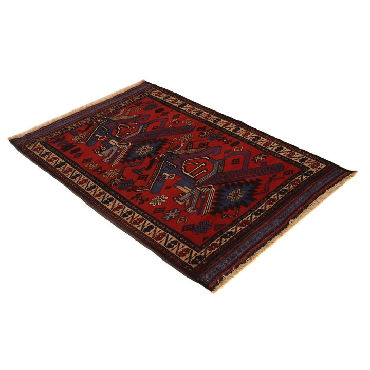 Red Afghan Baluchi Rug 3' 2" x 4' 9" Hand-Knotted | No. AL95205