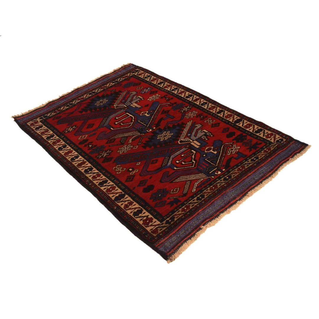 Red Afghan Baluchi Rug 3' 2" x 4' 9" Hand-Knotted | No. AL95205