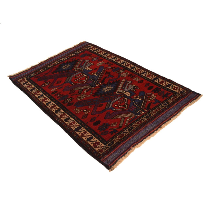 Red Afghan Baluchi Rug 3' 2" x 4' 9" Hand-Knotted | No. AL95205