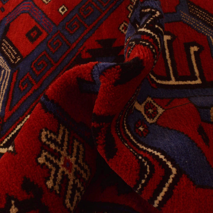 Red Afghan Baluchi Rug 3' 2" x 4' 9" Hand-Knotted | No. AL95205