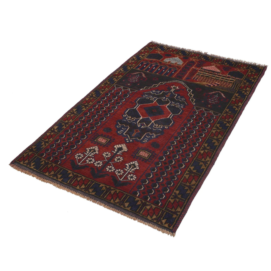 Red Afghan Prayer Rug 3' 1" x 4' 10" Hand-Knotted | No. AL95235