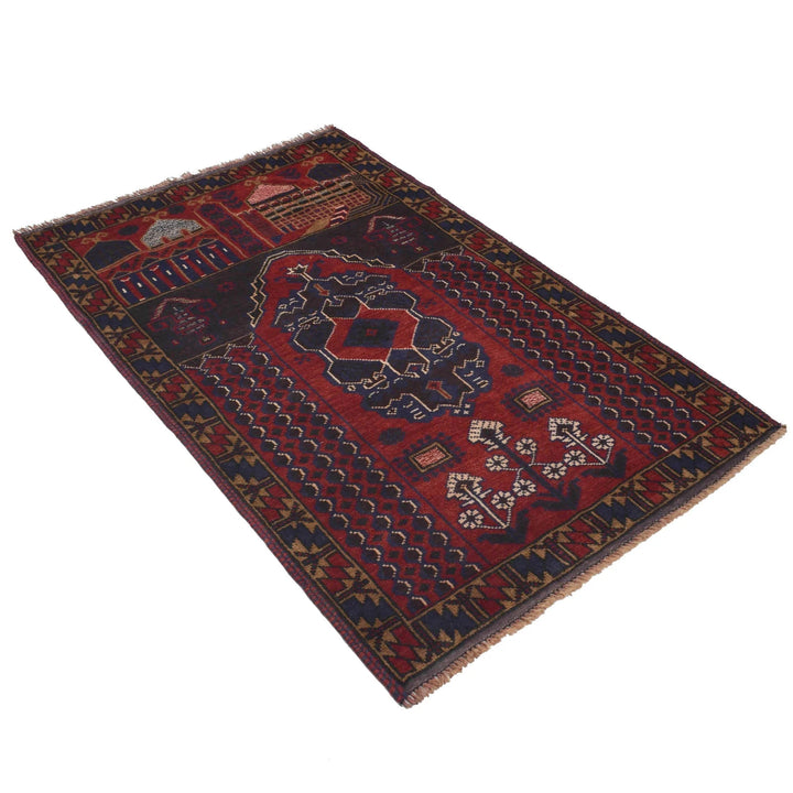 Red Afghan Prayer Rug 3' 1" x 4' 10" Hand-Knotted | No. AL95235