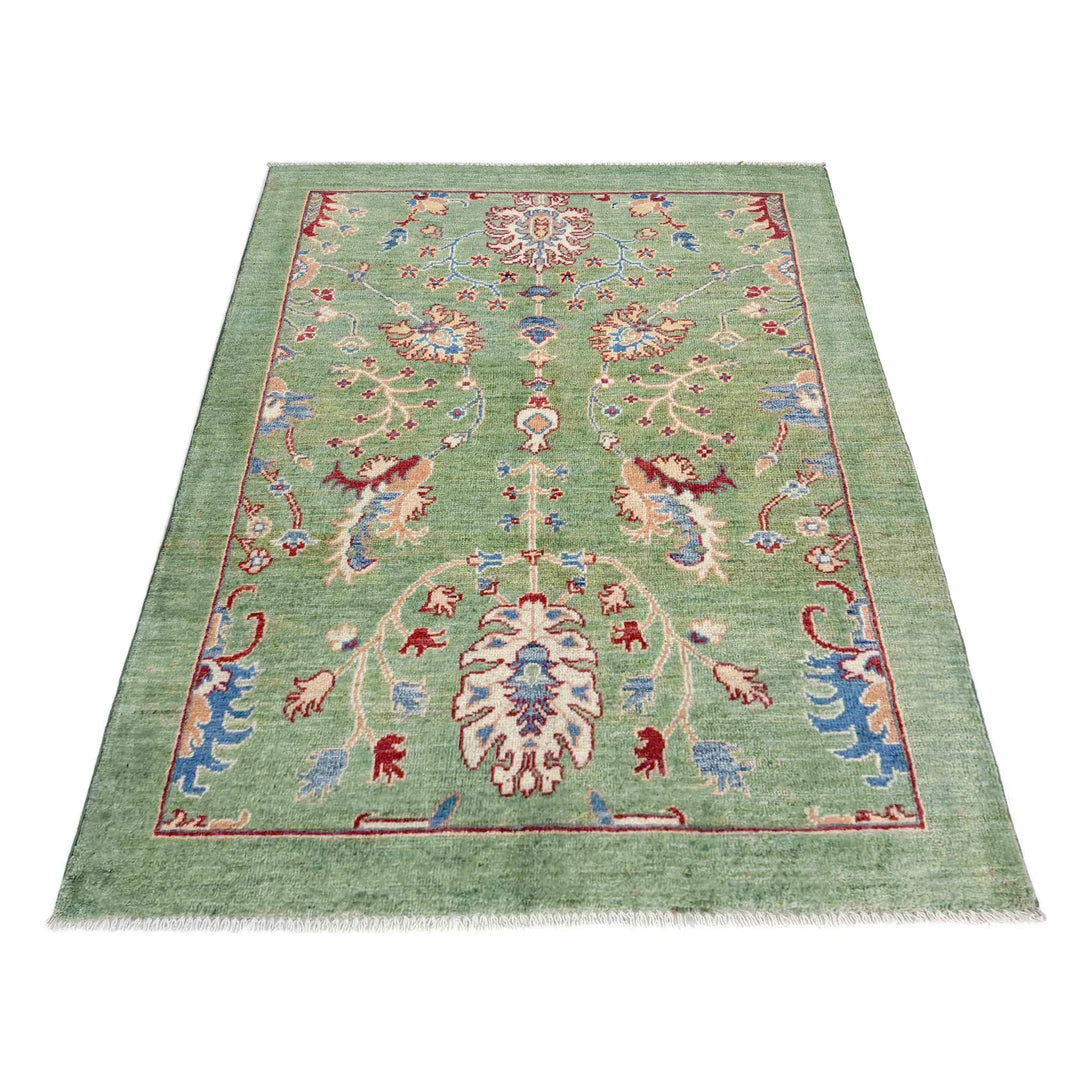 Green Afghan Sultani Rug 3' 4" x 4' 10" Hand-Knotted | No. AL95261