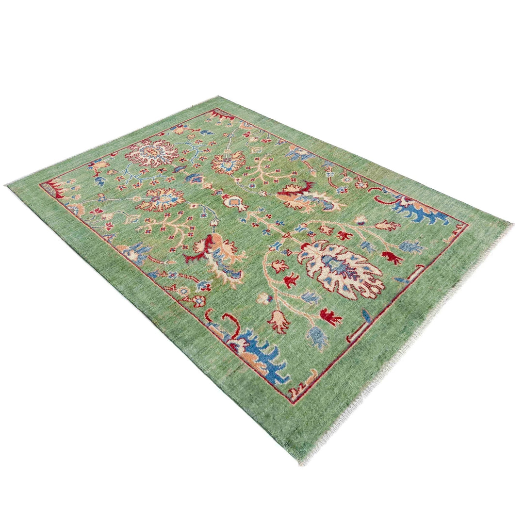 Green Afghan Sultani Rug 3' 4" x 4' 10" Hand-Knotted | No. AL95261