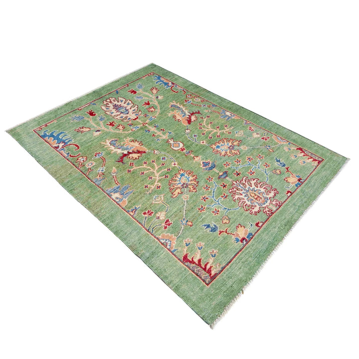 Green Afghan Sultani Rug 3' 4" x 4' 10" Hand-Knotted | No. AL95261