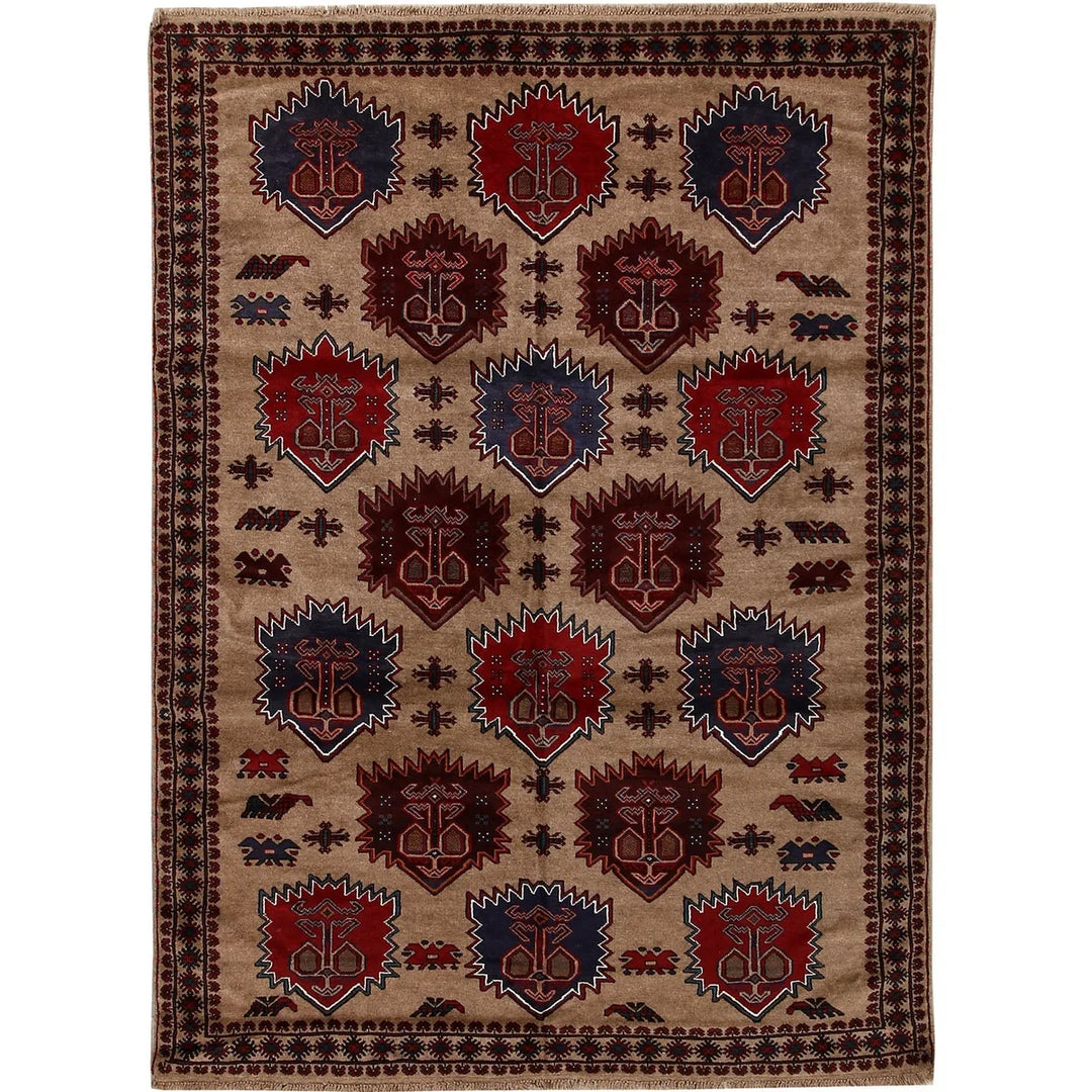 Beige Afghan Baluchi Rug 6' 5" x 9' " Hand-Knotted | No. AL95321