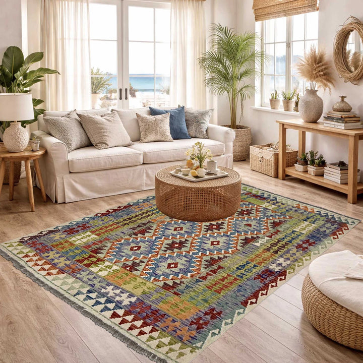 Afghan Vegetable Kilim Rug 4'11" x 6'5" Flat-Weave | No. AL95385