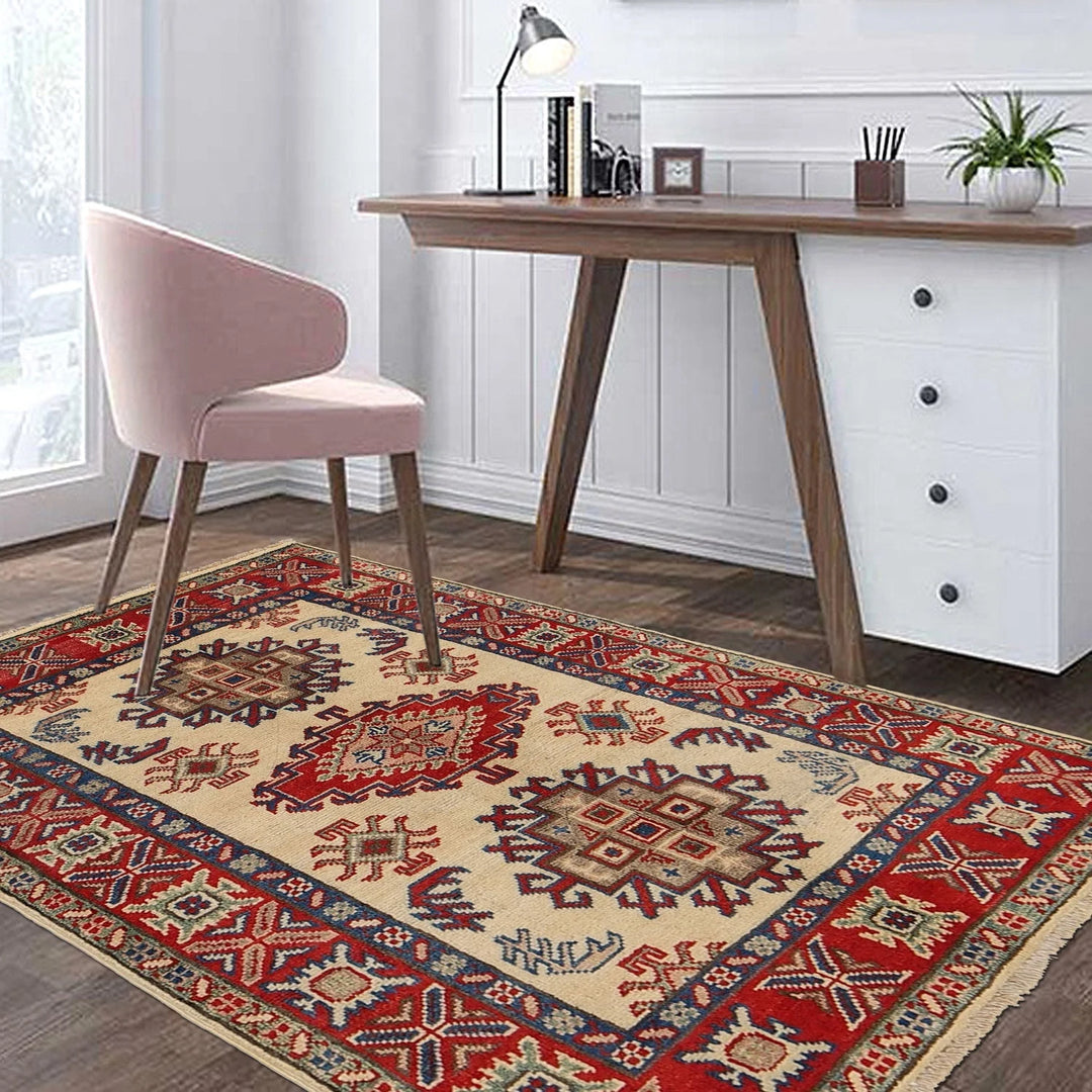 Ivory Afghan Kazak Rug 2' 8" x 4' 1" Hand-Knotted | No. AL95595