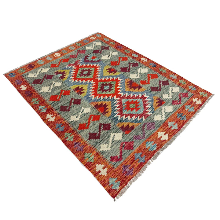 Afghan Vegetable Kilim Rug 3' 9" x 4' 11" Flat-Weave | No. AL957272