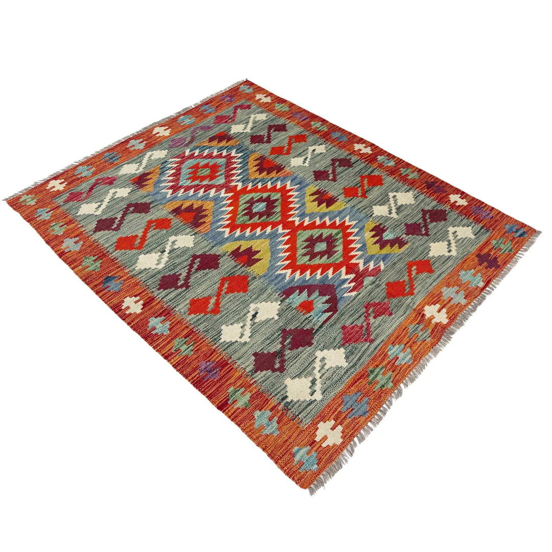 Afghan Vegetable Kilim Rug 3' 9" x 4' 11" Flat-Weave | No. AL957272