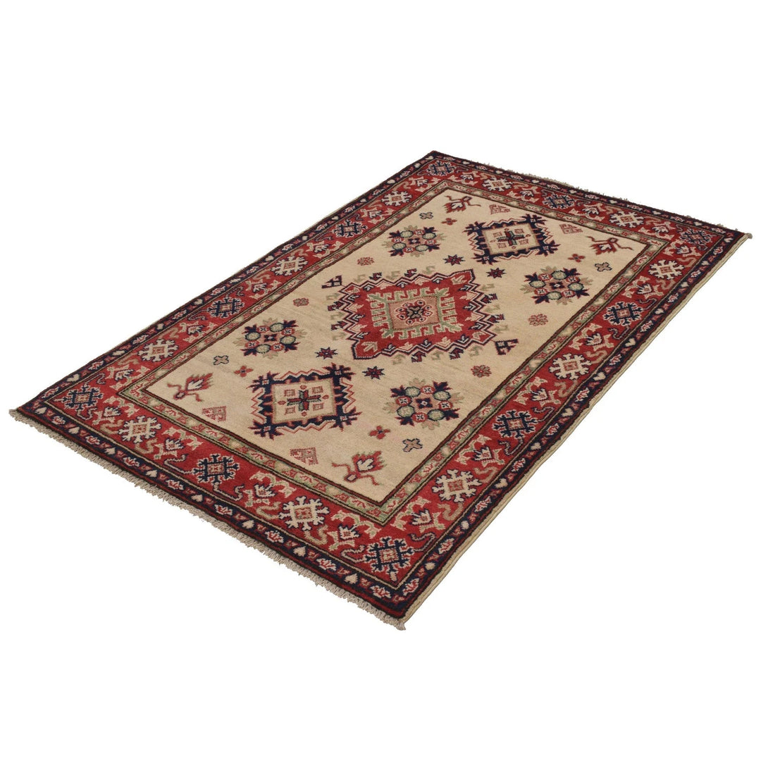 Ivory Afghan Kazak Rug 3'4" x 4'11" Hand-Knotted | No. AL95965