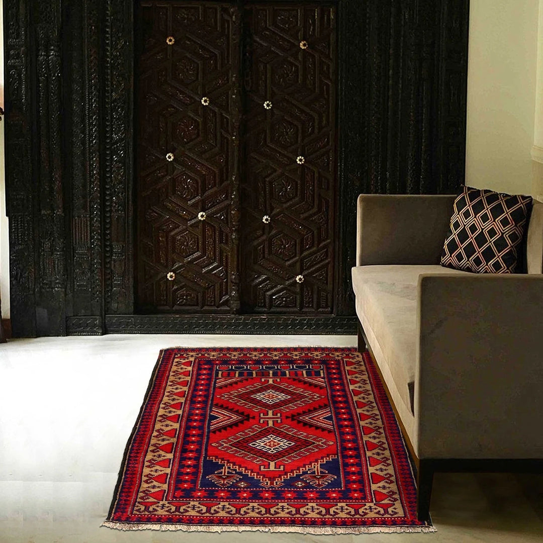 Red Afghan Baluchi Rug 2'10" x 3'10" Hand-Knotted | No. AL96128