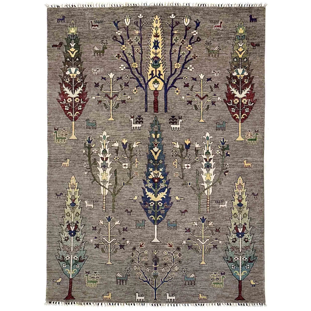 Gray Afghan Tree Of Life Rug 5' 7" x 8' 0" Hand-Knotted | No. AL96371
