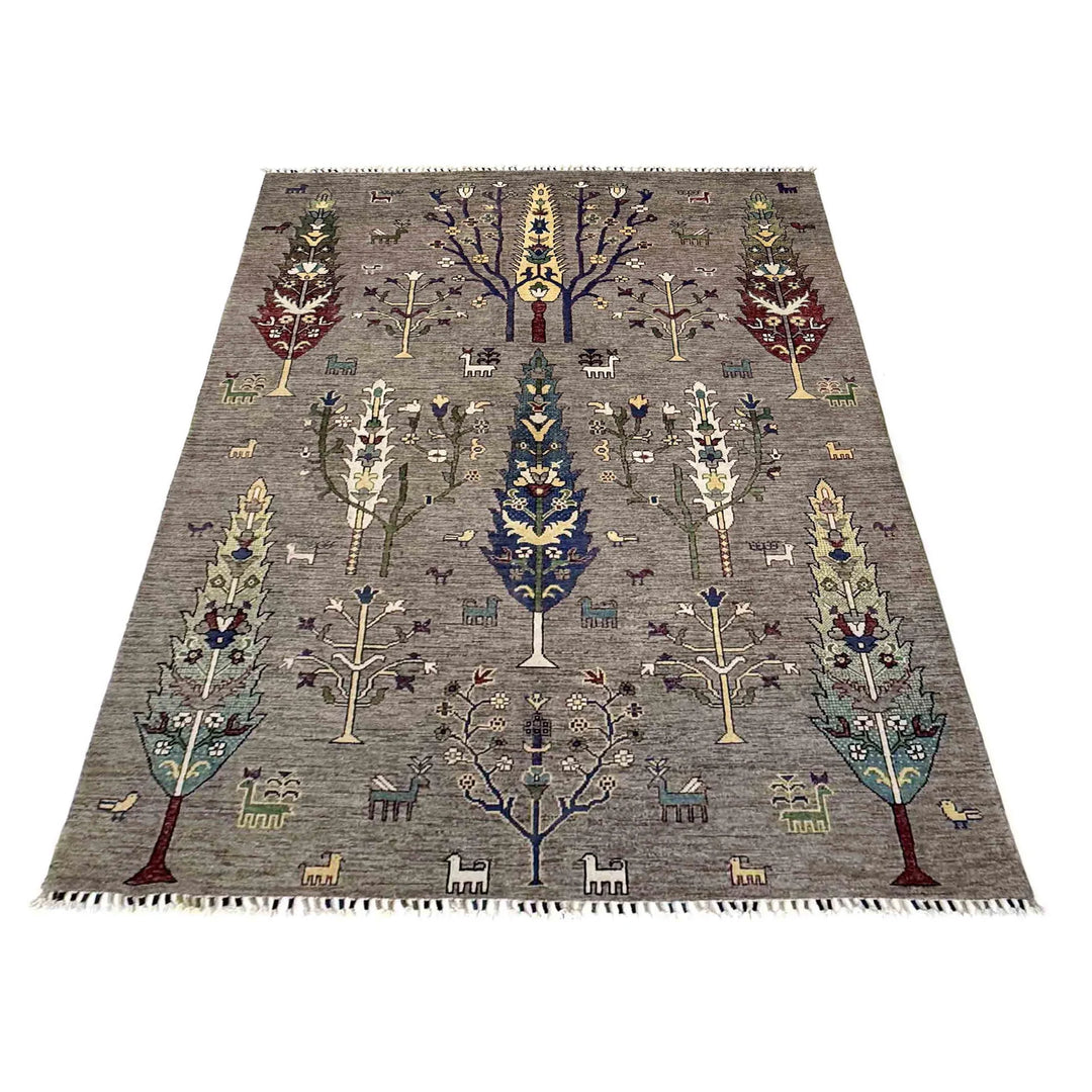 Gray Afghan Tree Of Life Rug 5' 7" x 8' 0" Hand-Knotted | No. AL96371