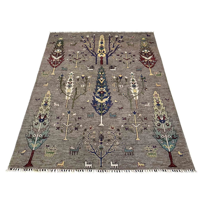 Gray Afghan Tree Of Life Rug 5' 7" x 8' 0" Hand-Knotted | No. AL96371