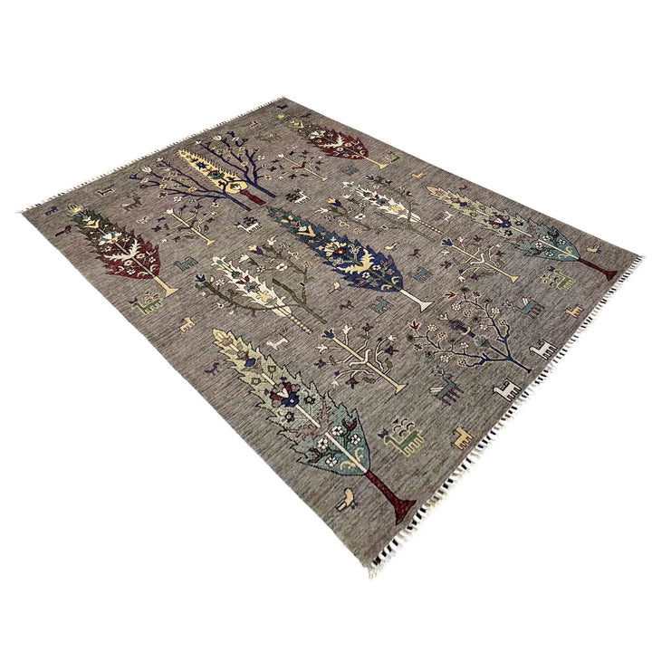 Gray Afghan Tree Of Life Rug 5' 7" x 8' 0" Hand-Knotted | No. AL96371