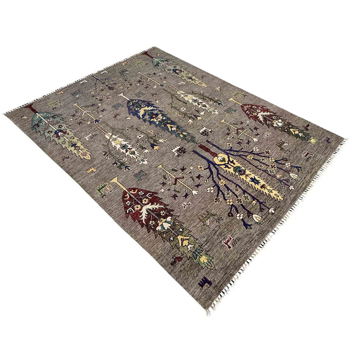 Gray Afghan Tree Of Life Rug 5' 7" x 8' 0" Hand-Knotted | No. AL96371