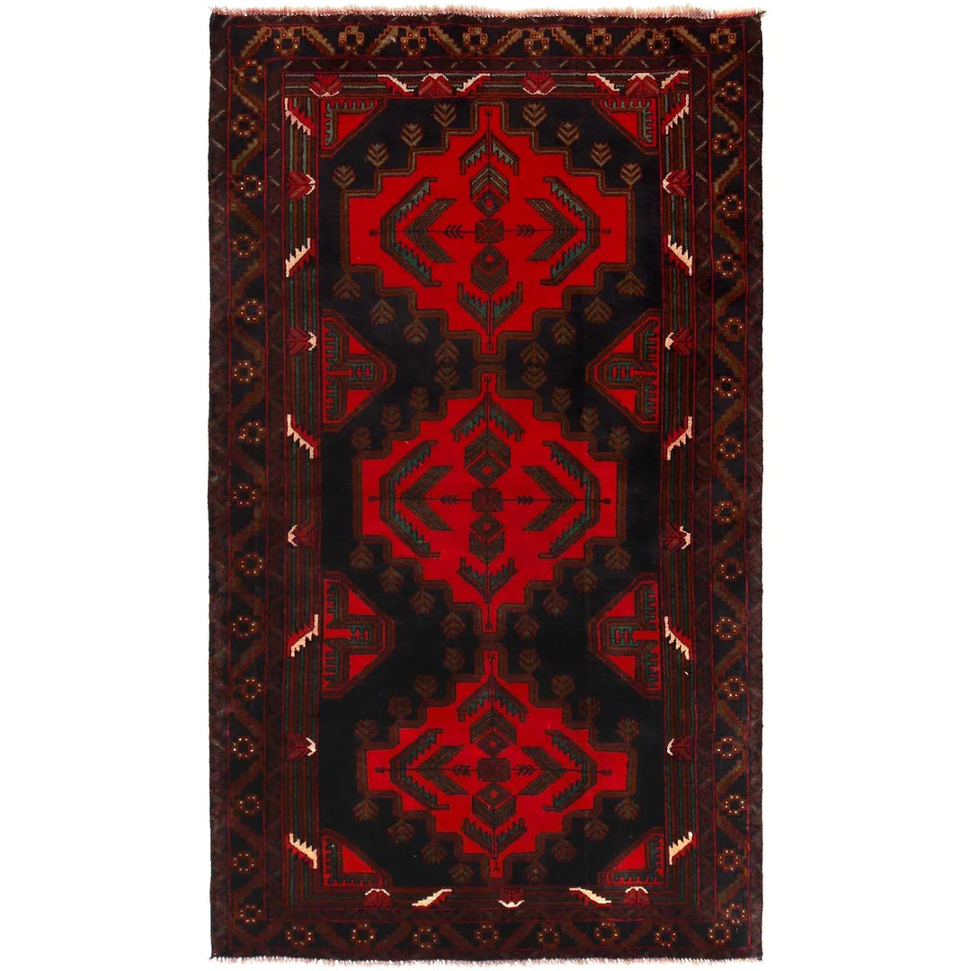 Red Afghan Baluchi Rug 3' 10" x 6' 8" Hand-Knotted | No. AL96401